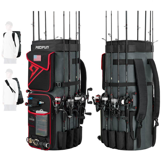 Piscifun Fishing Rod Bag – 70L Large Foldable Rod & Reel Case | Holds 8 Rods & 6 Tackle Boxes | Water-Resistant 600D Oxford | Red
