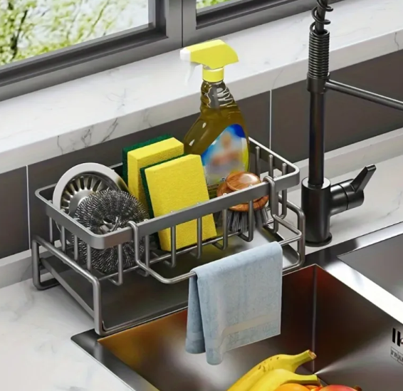 Stainless Steel Sink Organizer Rack – Sponge Holder & Dishcloth Drainer in Black