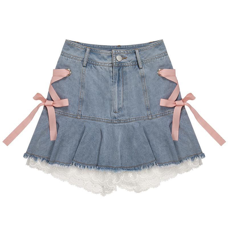Women’s High Waist Tie A-Line Denim Skirt – Pleated Ruffle Detail, Cotton Denim | S–L | Blue